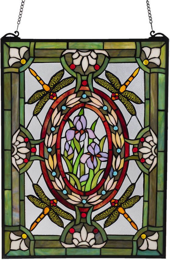 Clayre & Eef Lumilamp Glaspaneel Tiffany 46x1x61 Cm Groen Glas Rechthoek Libelle Glaskunst Glas In Lood Paneel Glas In Lood Hanger