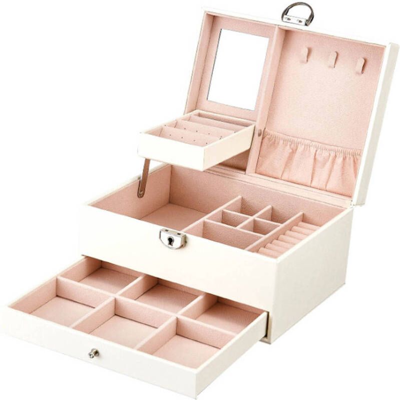 Decopatent Luxe Sieradendoos Met Spiegel En 20 Vakken Witte Luxe Bijouterie