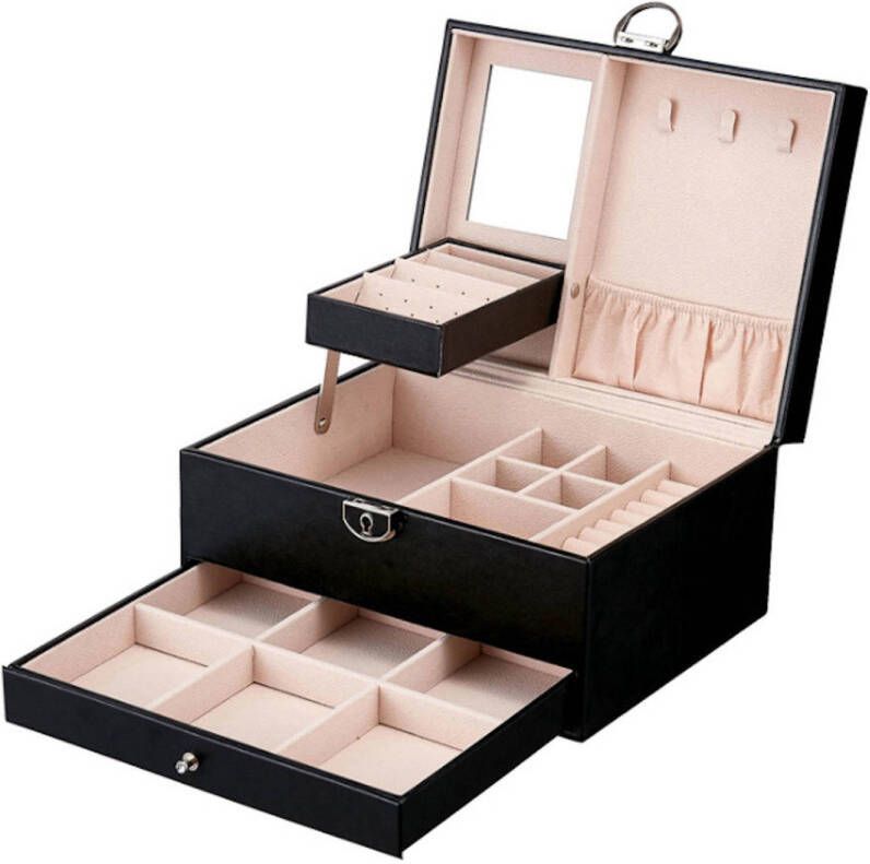 Decopatent Luxe Sieradendoos Met Spiegel En 20 Vakken Zwarte Luxe Bijouterie