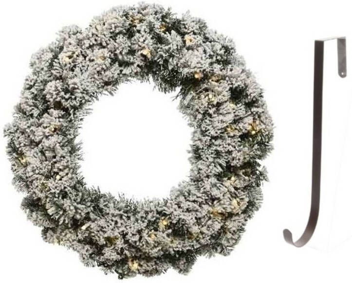Decoris Groen/witte Led Kerstkrans 50 Cm Imperial Kunstsneeuw Met Ijzeren Hanger Kerstkransen