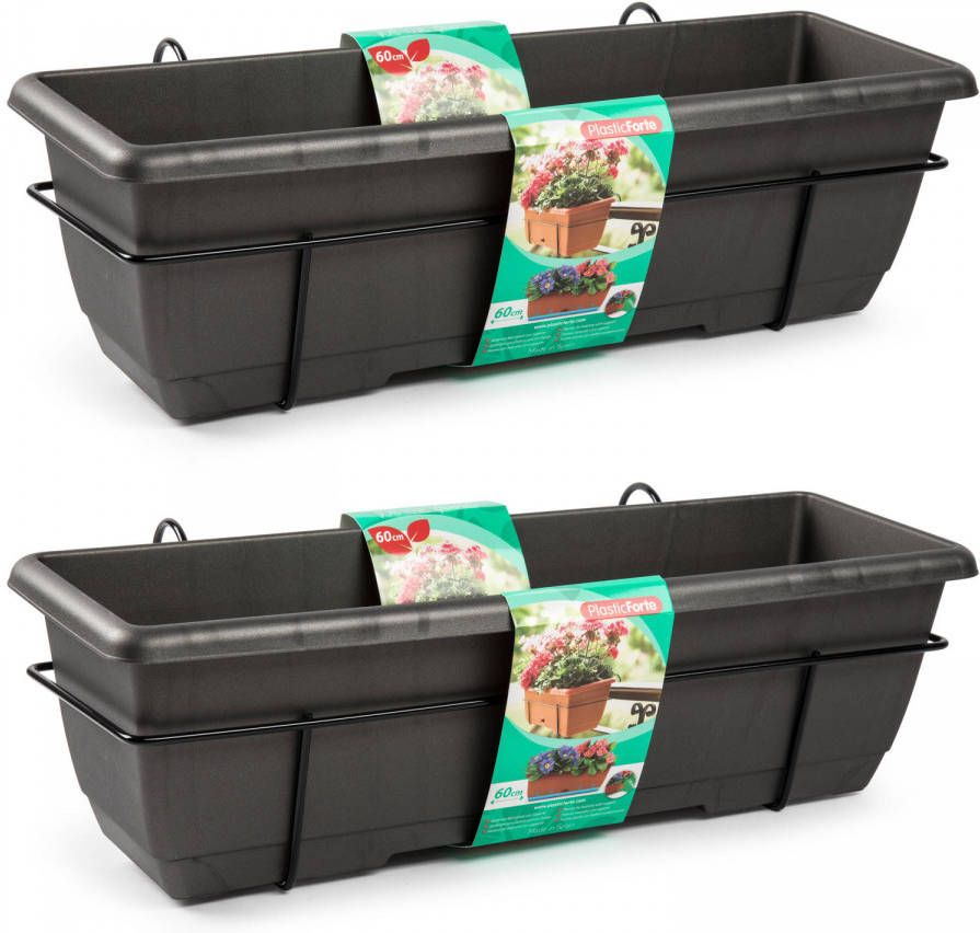 Forte Plastics 2x Balkon Plantenbakken/bloembakken Antraciet 60 Cm Met Hanger Plantenbakken