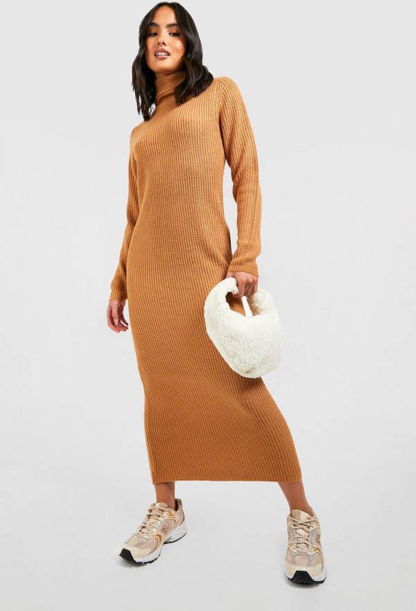 boohoo Basic Midaxi Gebreide Jurk Met Col, Camel
