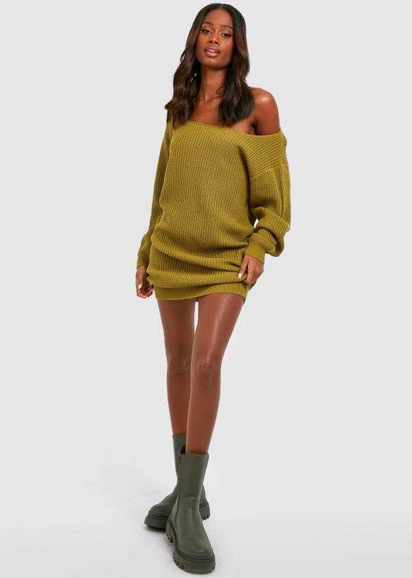 boohoo Basic Trui Jurk Met Boothals, Khaki