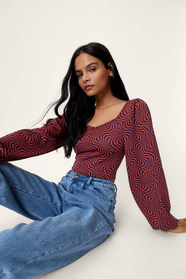 boohoo Crop Top Met Pofmouwen En Abstracte Print, Orange