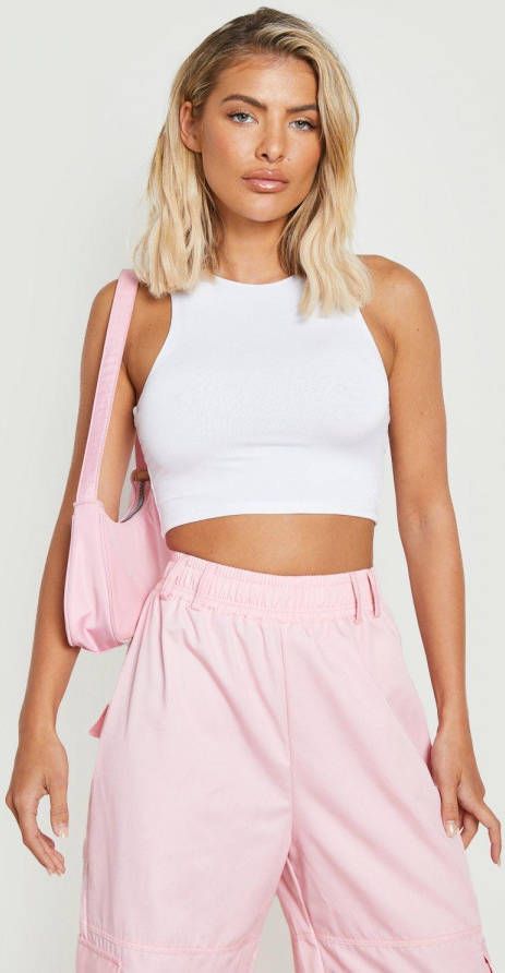 boohoo Crop Top Met Racer Hals En Dubbele Lagen, White