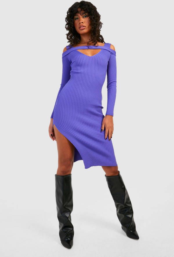 boohoo Gebreide Cut Out Midi Jurk Met Split, Purple