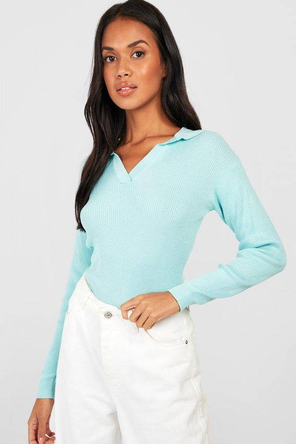boohoo Gebreide Trui Met Polo Kraag, Aqua