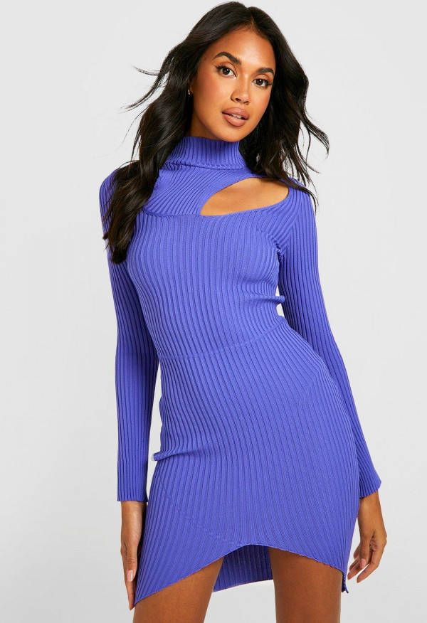 boohoo Geribbelde Gebreide Cut Out Jurk Met Hoge Hals, Purple