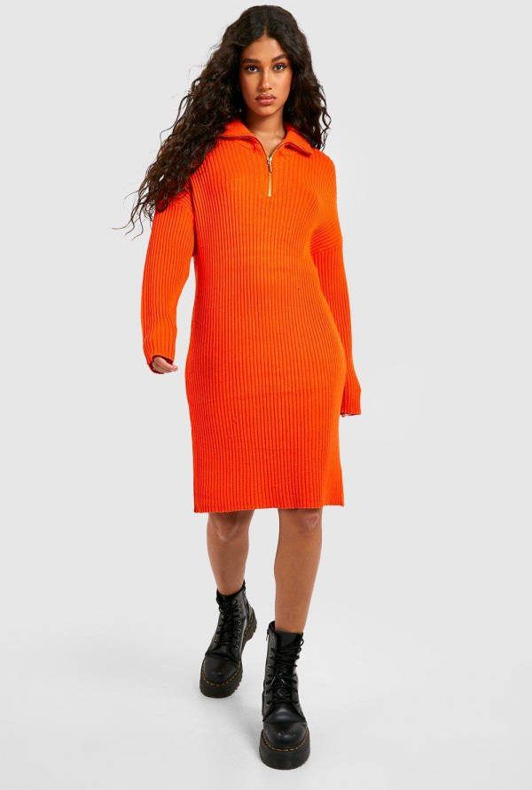 boohoo Geribbelde Gebreide Jurk Met Korte Rits En Kraag, Orange
