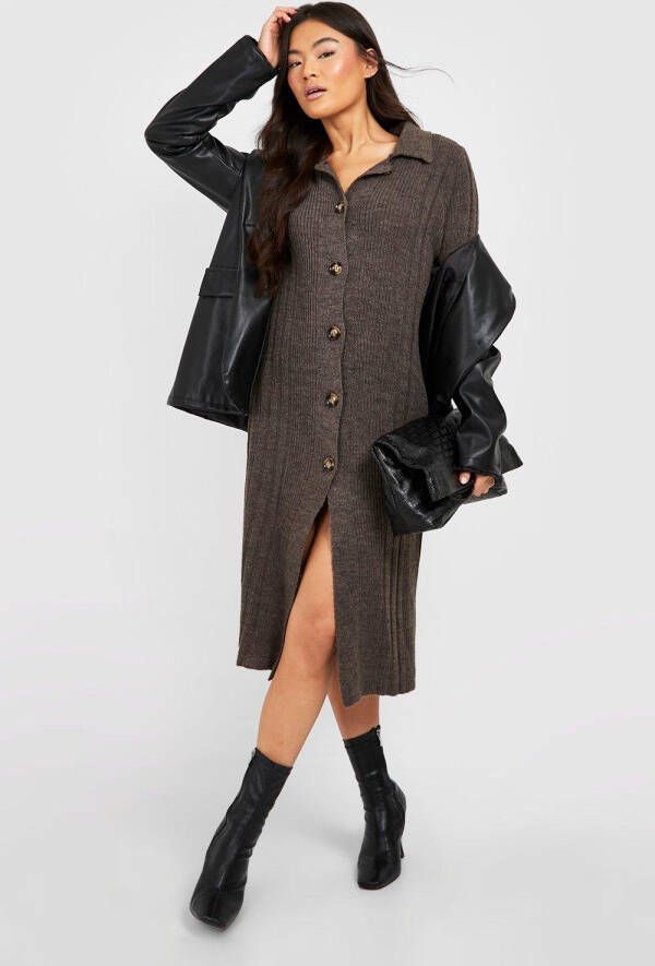 boohoo Geribbelde Gebreide Midaxi Jurk Met Kraag, Chocolate
