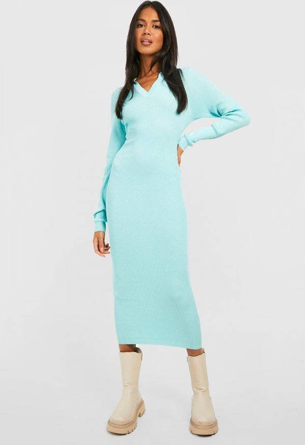 boohoo Geribbelde Gebreide Midi Jurk Met Polo Kraag, Aqua