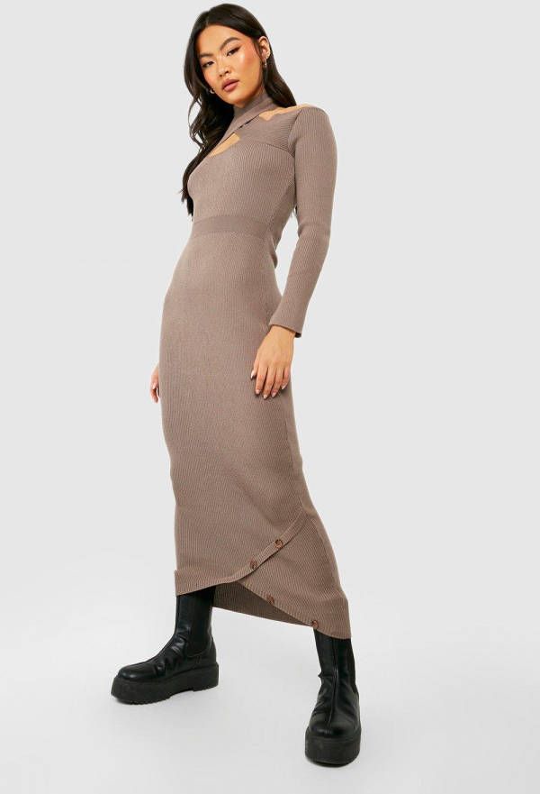 boohoo Geribbelde Gebreide Premium Cut Out Midaxi Jurk Met Knopen, Taupe