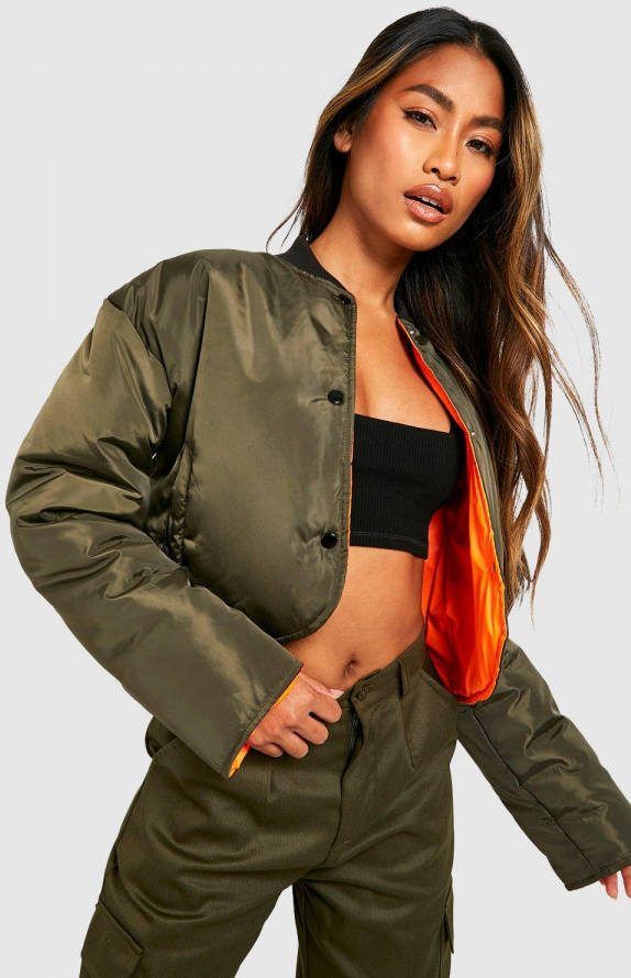 boohoo Kort Bomberjack Met Ronde Zoom, Khaki