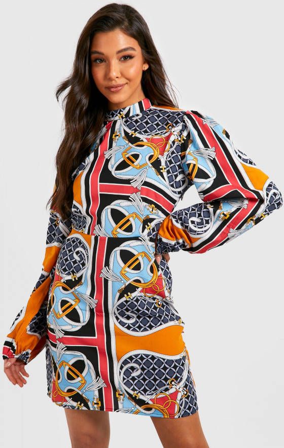 boohoo Mini Jurk Met Print En Open Rug, Red