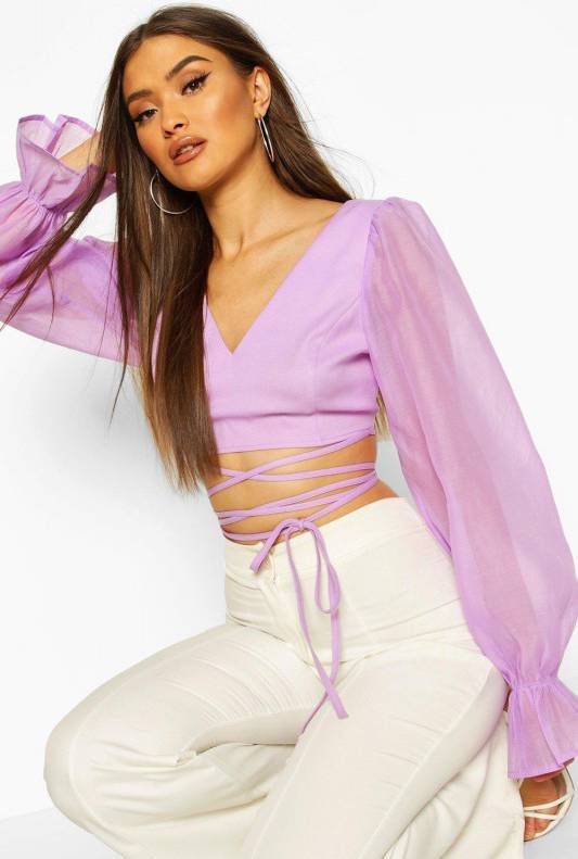boohoo Organza Balloon Sleeve Tie Up Waist Top, Lilac