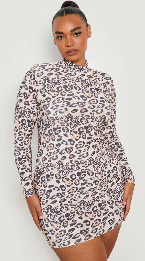 boohoo Plus Strakke Luipaardprint Bodycon Jurk Met Schouderpads, Brown