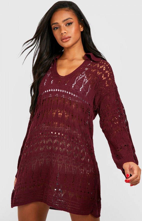 boohoo Premium Gehaakte Mini Jurk Met Kraag, Burgundy