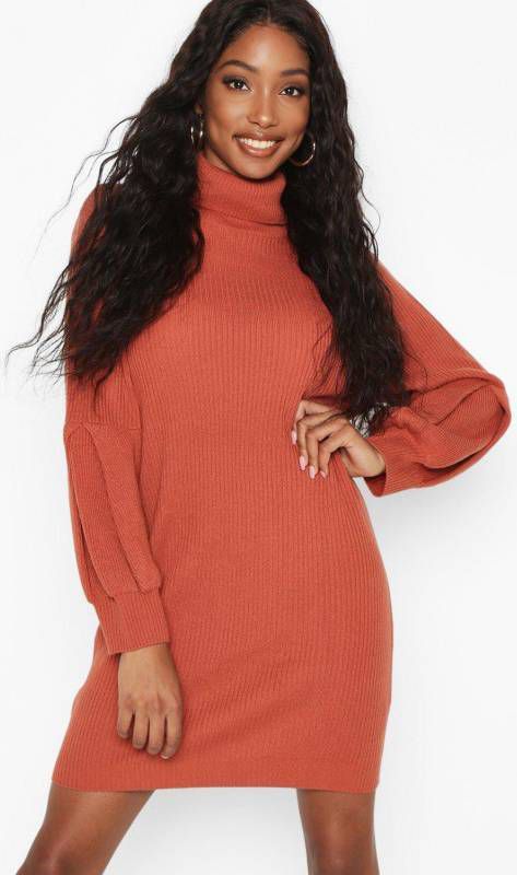 boohoo Trui Jurk Met Col En Shirtmouwen, Kastanjebruin