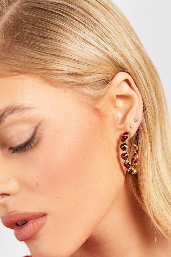 boohoo Ronde Rode Hartjes Oorbellen Met Steentjes, Red