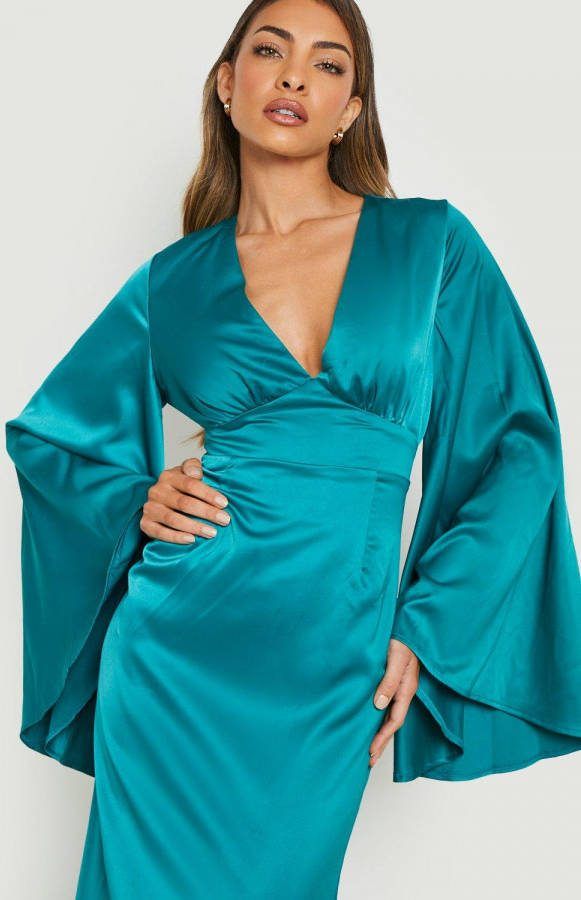 boohoo Satijnen Maxi Jurk Met Open Rug En Wijde Mouwen, Teal