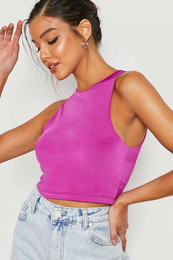 boohoo Strakke Crop Top Met Dubbele Lagen En Crewneck, Purple