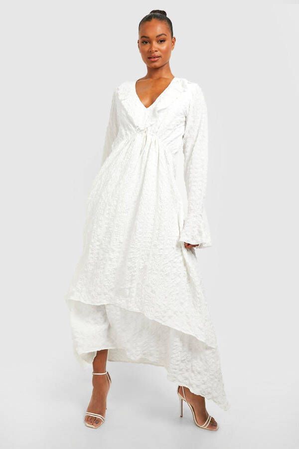 boohoo Tall Seersucker Boho Midaxi Jurk Met Ruches, Textuur En Laag Decolleté,, Ivory