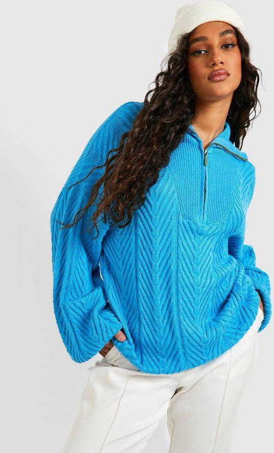 boohoo Zig Zag Trui Met Korte Rits, Polo Kraag En Stiksels, Turquoise