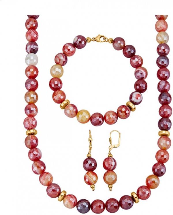 Diemer Farbstein 3 delige sieradenset van agaatkralen Rood