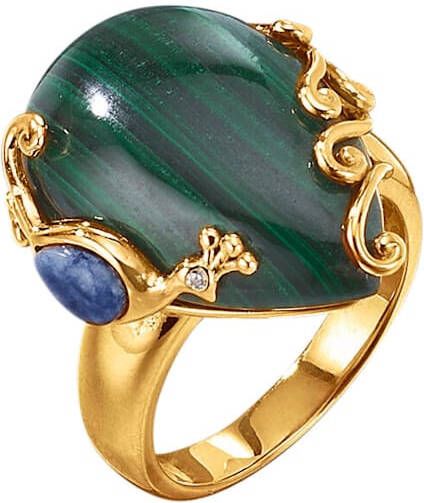 KLiNGEL Damesring met malachiet, sodaliet en synth. zirkonia's, echt zilver Goudkleur