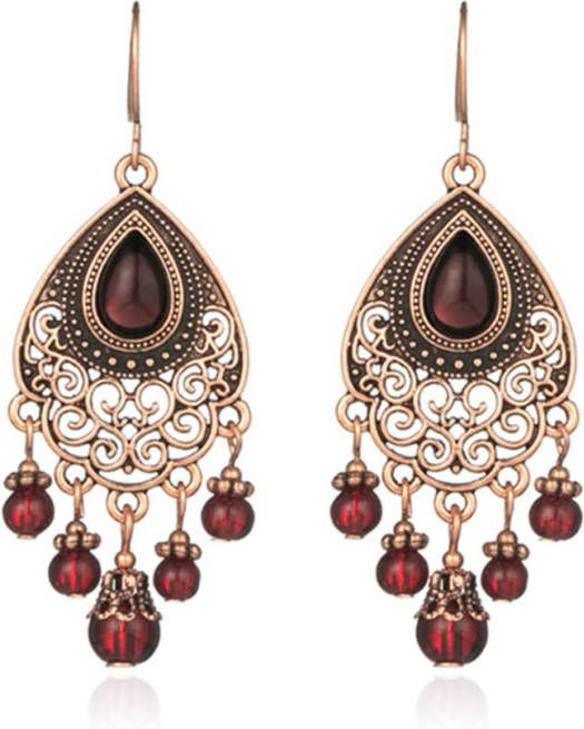 Deja Jewels Bohemian goudkleurige dames oorhangers met rode steen en kraaltjes