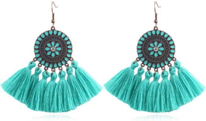Deja Jewels Bohemian Ibiza oorbellen hangers met katoenen kwastjes kleur turquoise