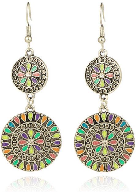 Deja Jewels Dubbele ronde zilverkleurige dames oorbellen multicolor en strass