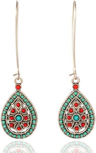 Deja Jewels Lange druppelvormige Boho oorbellen zilver rode en groene stenen