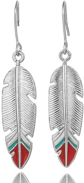 Deja Jewels Lange zilverkleurige oorbellen veer met rode en turquoise details