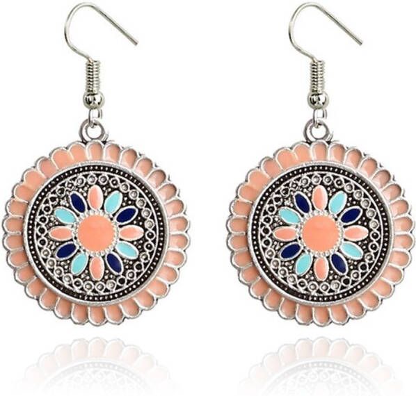 Deja Jewels Ronde zilverkleurige dames oorbellen Ibiza multicolor roze