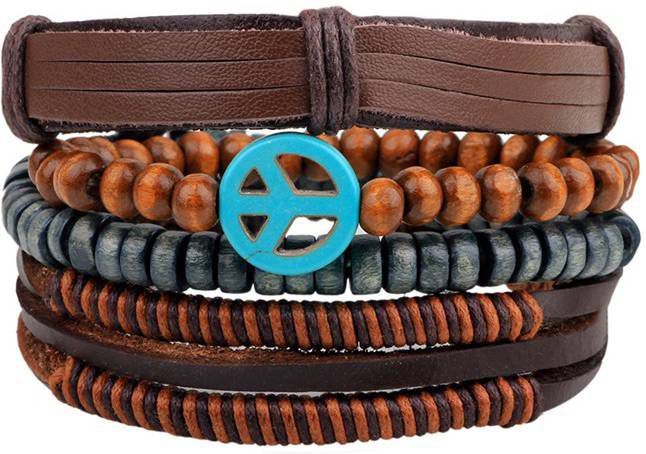 LGT JWLS Armbanden set bruin leer met houten kralen en Peace Logo
