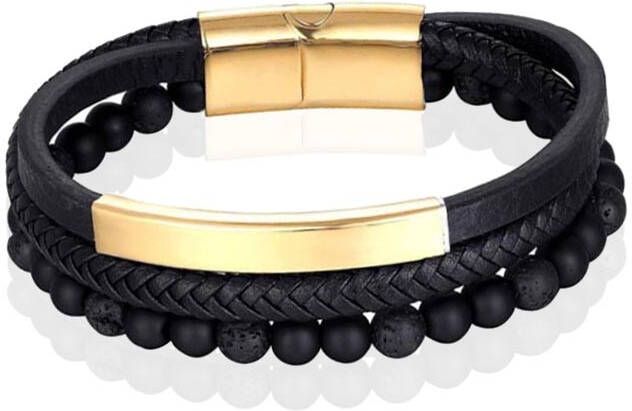Memphis Heren armband Agaat kraal gevlochten leer Goudkleurig Zwart 21cm