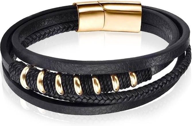 Mendes Leren armband RVS kralen Touw Zwart Goudkleurig 18.5cm
