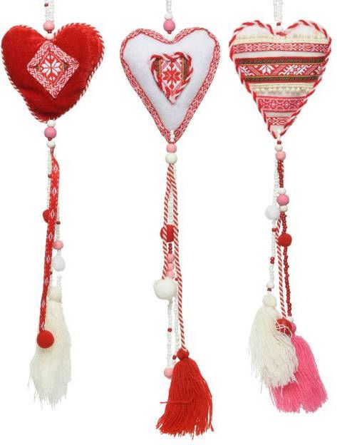 Decoris Decohanger Hart Textiel 9x1, 5x55cm Rood wit Met Kwastjes En Kralen