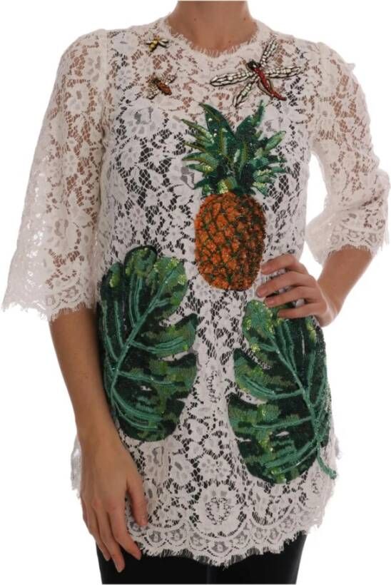 Dolce & Gabbana White Crystal Embellished Lace Blouse , Wit, Dames