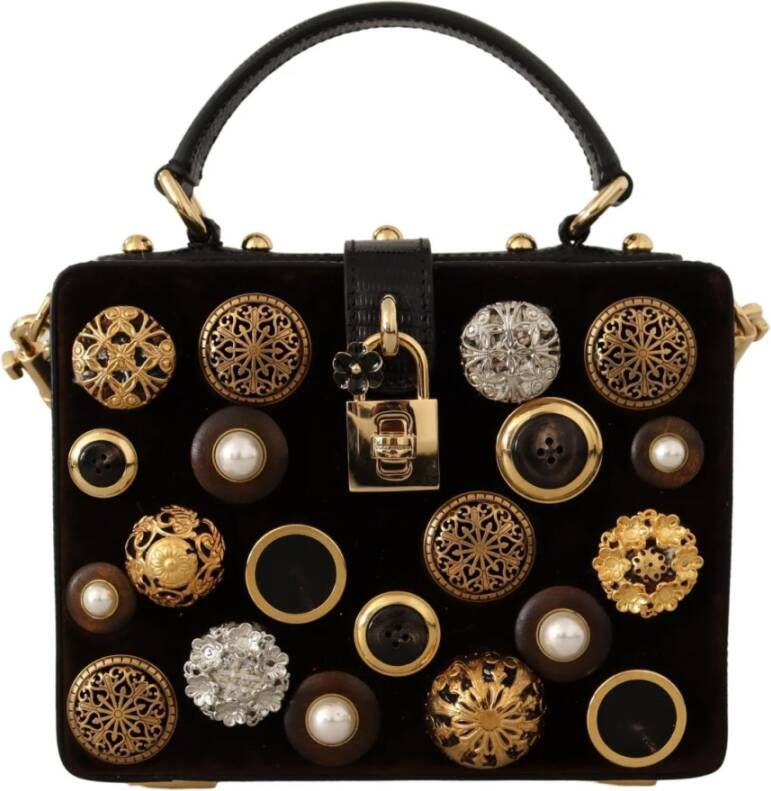 Dolce & Gabbana Brown Velvet Black Iguana Leather Buttons BOX Bag , Bruin, Dames