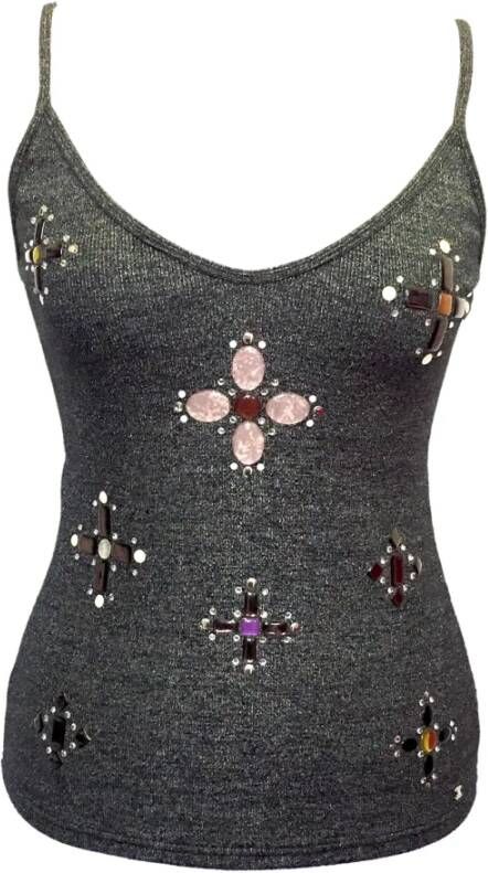 Chanel top in charcoal grey silver glitter with glass bead detail on front , Grijs, Dames