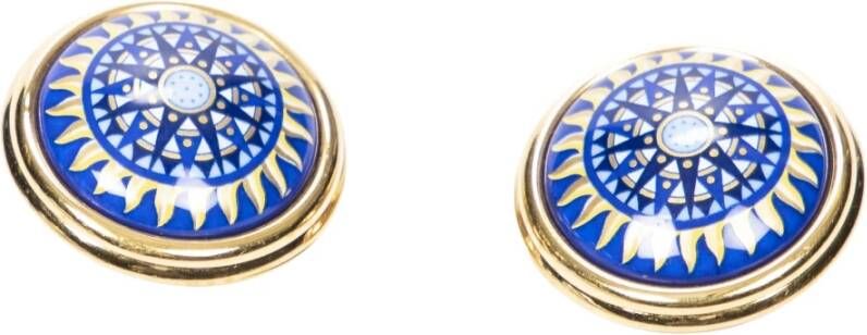 Hermès Vintage Cloisonne Round Clip On Earrings , Blauw, Dames