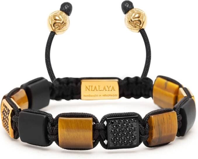 Nialaya Het bruine tijgeroog van vrouwen en zwarte onyx flatbead armband met zwarte CZ diamanten en zwarte touw , Bruin, Dames