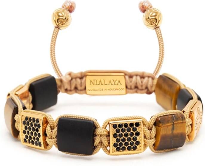 Nialaya Vrouwen tijger eye en onyx flatbead armband met CZ diamanten en goudplating , Geel, Dames