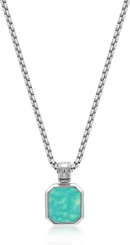 Nialaya Zilveren ketting met vierkante turquoise hanger , Groen, Heren
