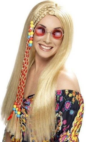 Feestbazaar Hippy Party pruik blond met gekleurde kralen