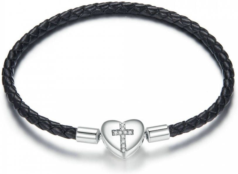 Mijn bedels Gevlochten lederen bedelarmband kruis