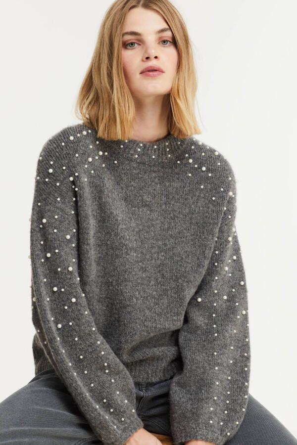 FREEQUENT trui FQPEARL met kraaltjes grijs