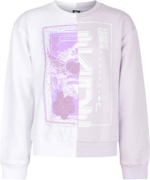 Shoeby Jill & Mitch sweater Twin met printopdruk en kraaltjes wit/lila